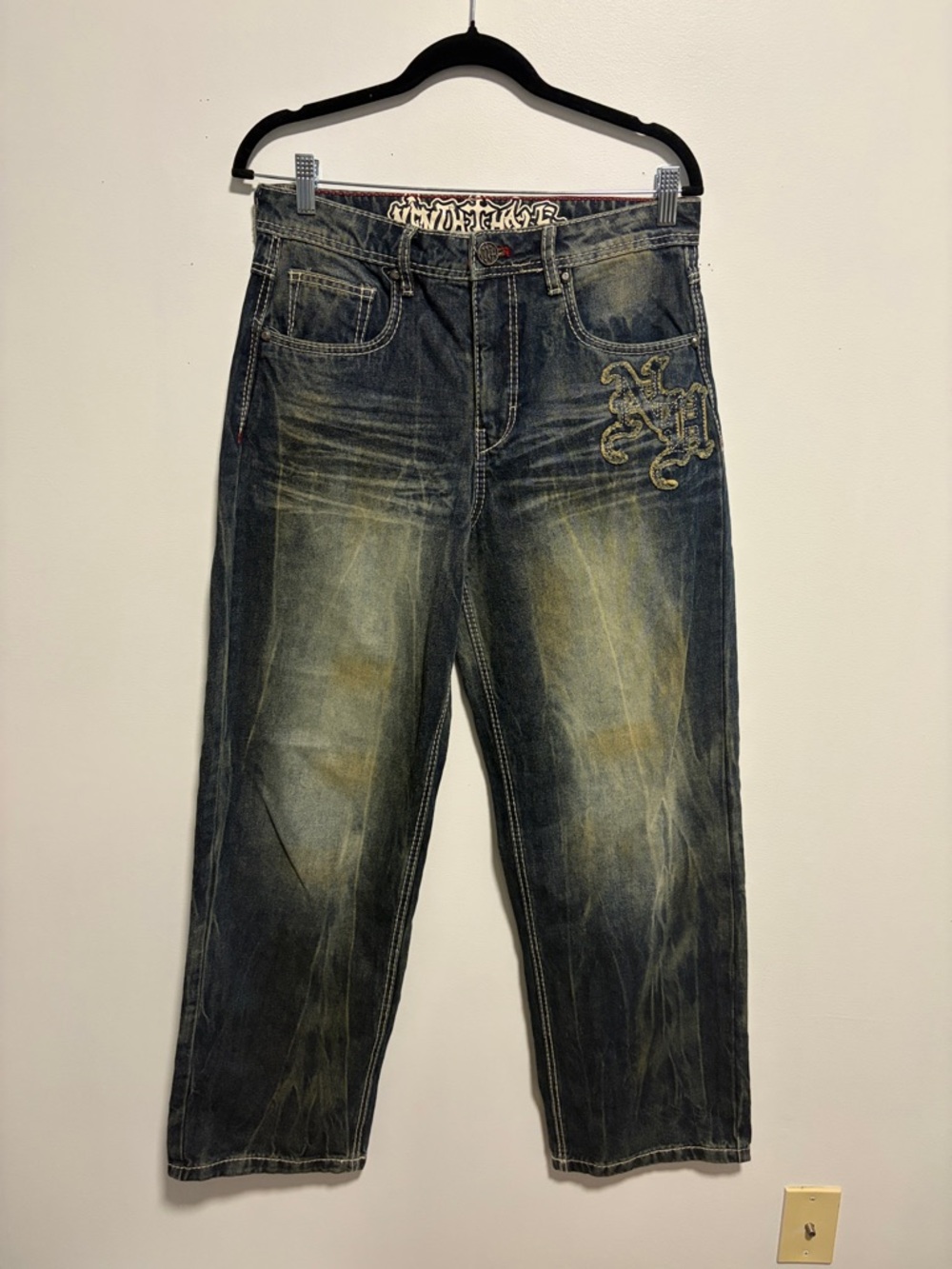 Zumiez Washed Dark Blue Relaxed Jeans with Embroidered Logo